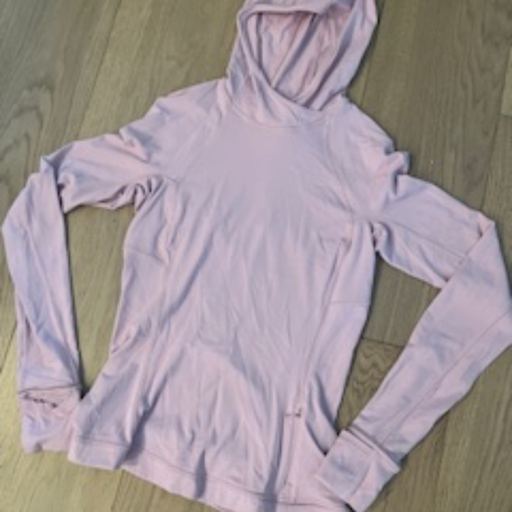 Lululemon running shirt with hoodie, thumb holes, and side zip pocket